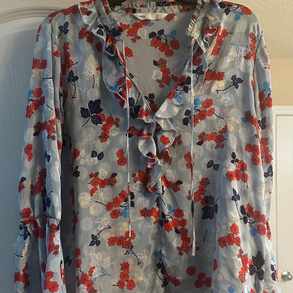 Zara Light Blue Shirt with Red Floral Print